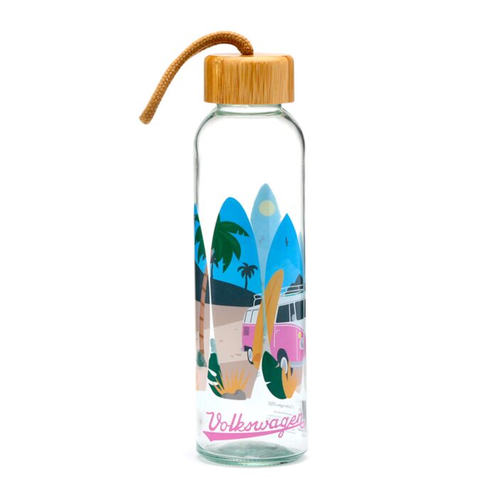 Volkswagen Busje VW T1 Waves 500ml Duurzame Glazen Waterfles Bamboe Deksel