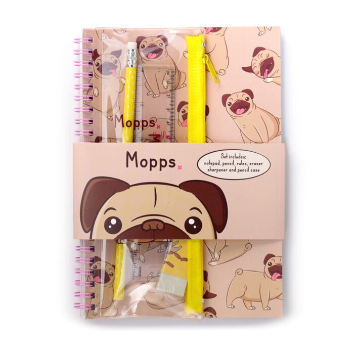 Mopps Mopshond Spiraal Gebonden A5 Notitieboekje  & 6-delige Schrijfset