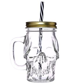 Schedelvormige Mason Jar Glazen Drinkbeker met rietje en dekel 