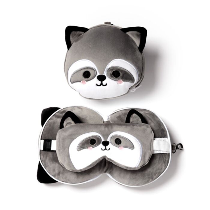 Relaxeazzz Pluche Wasbeer Rond Reiskussen & Slaapmasker