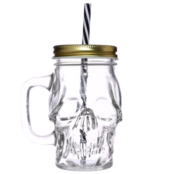 Schedelvormige Mason Jar Glazen Drinkbeker met rietje en dekel 