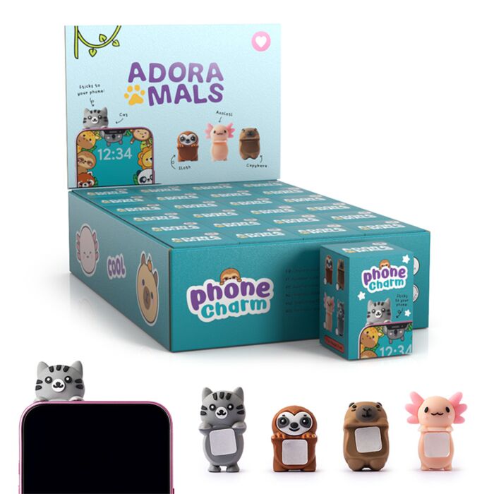 Adoramals Axolotl, Luiaard, Capybara & Kat Zelfklevend 3D Telefoonbedeltje