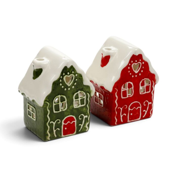 Kerst peperkoekhuisje theelichthouder - Rood & Groen